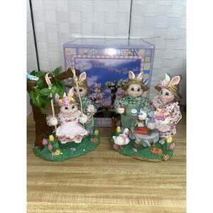 Easter Bunny Rabbits 2 Pieces Fabric Mache Spring Bunnies Hand Crafted 4 Bunnies